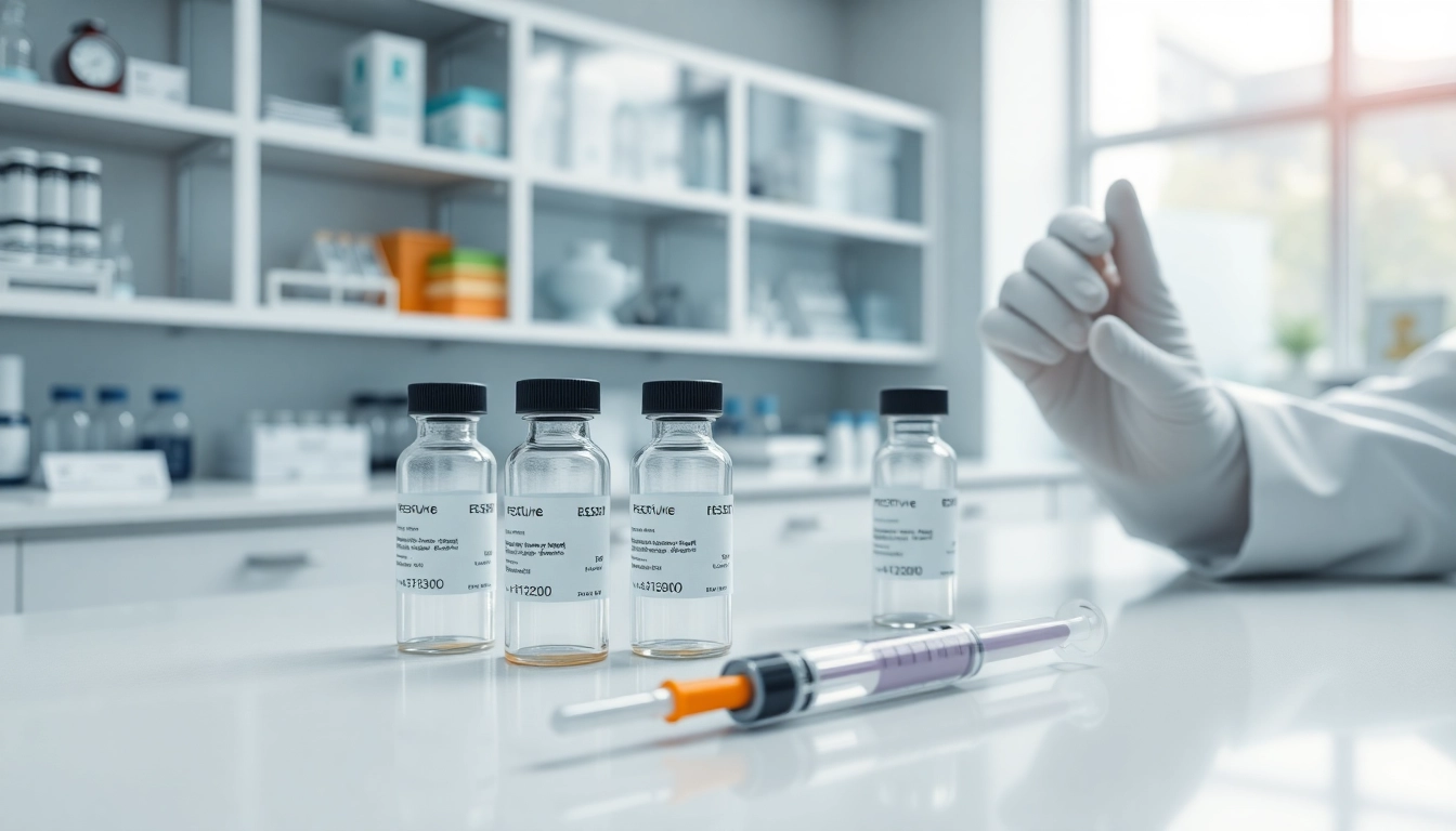 Showcase of peptide shop reviews with detailed research equipment in focus and a sterile environment.