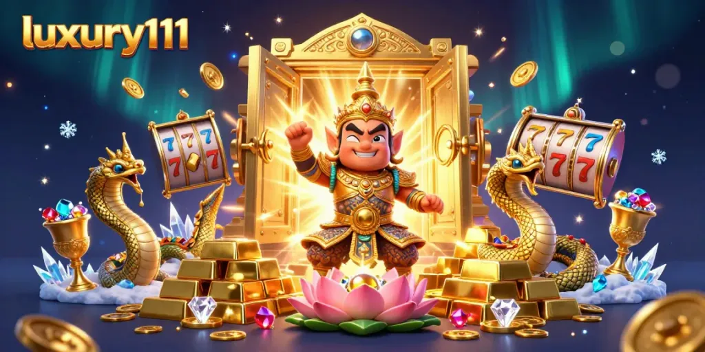 Immerse in luxury111 casino action with golden guardian, treasures, and slot reels for a thrilling gaming experience.