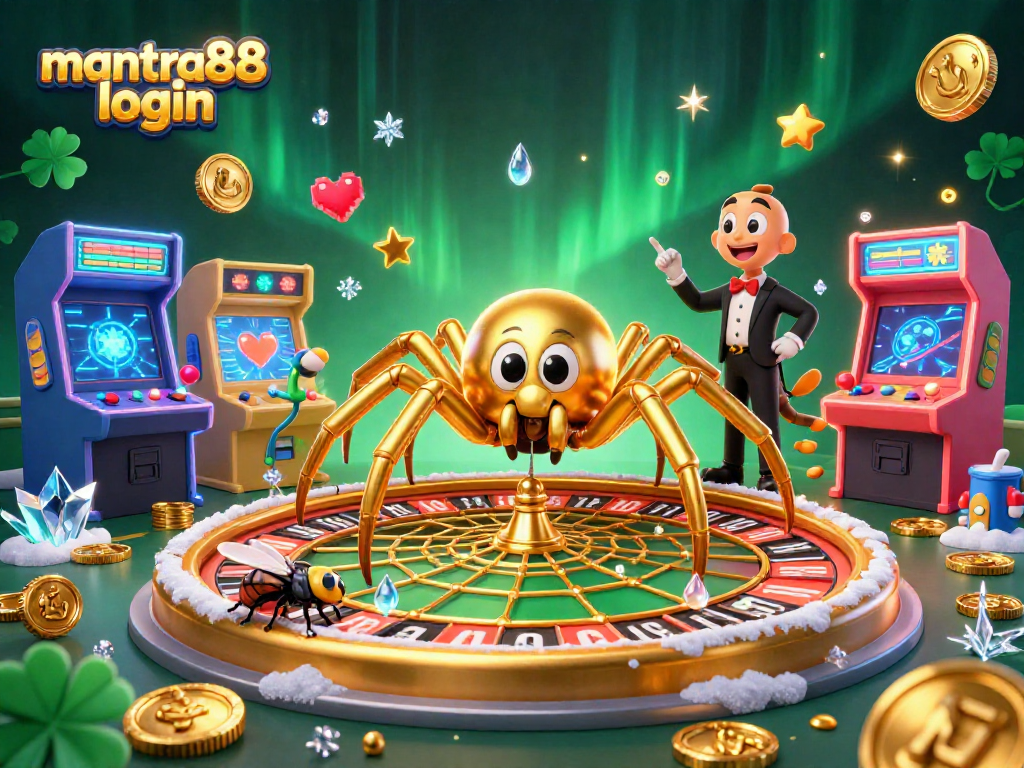 Engage with mantra88 login to place bets in an exciting casino environment featuring a golden spider and lively game elements.