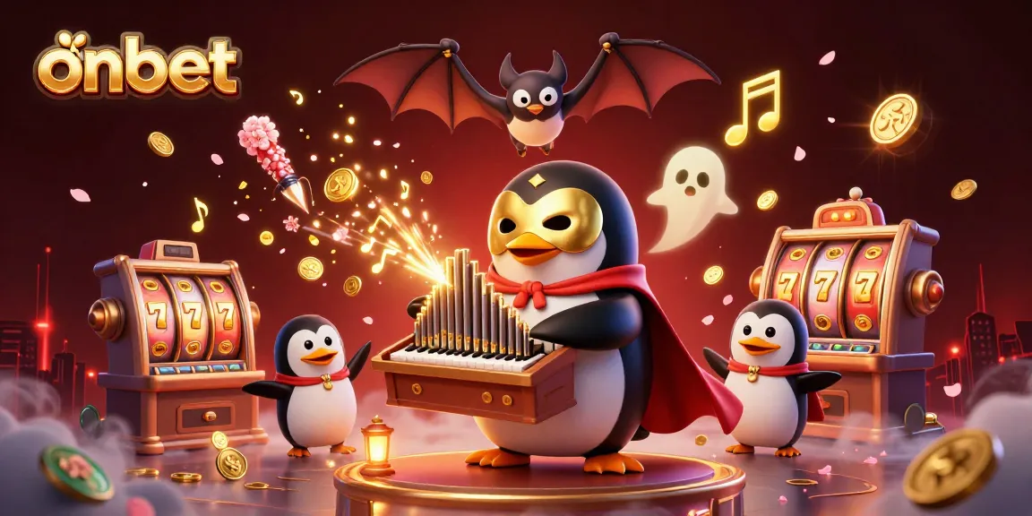 Experience the thrill of onbet's vibrant 3D casino scene with a playful penguin and gold coins.