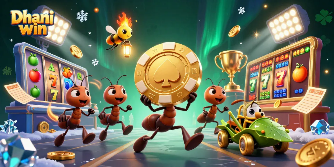 Dhani win showcases a thrilling heist scene with ants carrying a giant poker chip, surrounded by casino elements.