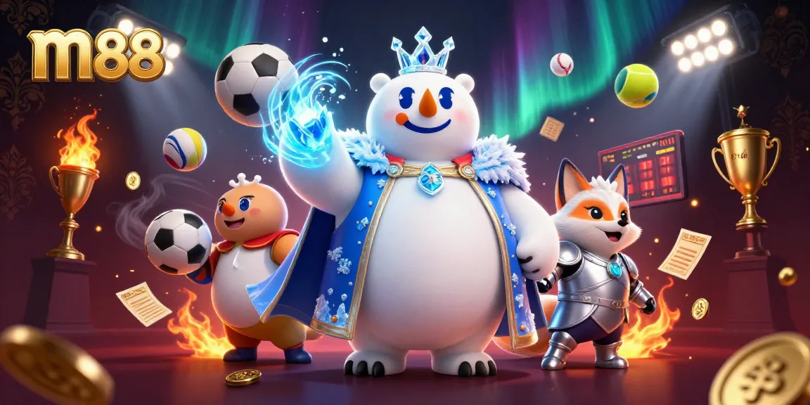Engage with m88's thrilling casino experience through a lively scene featuring dynamic sports elements and enchanting characters.