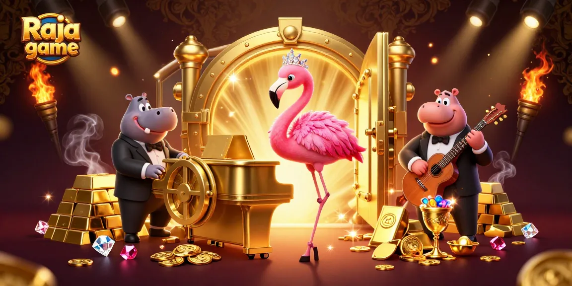 Engage in thrilling gameplay with Raja game featuring a colorful flamingo singer and hippo bassist.