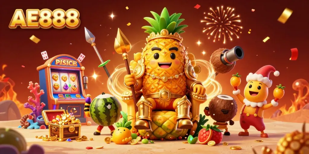 Experience the excitement of AE888 with a lively scene of a golden pineapple king ruling a vibrant beach casino surrounded by unique characters.