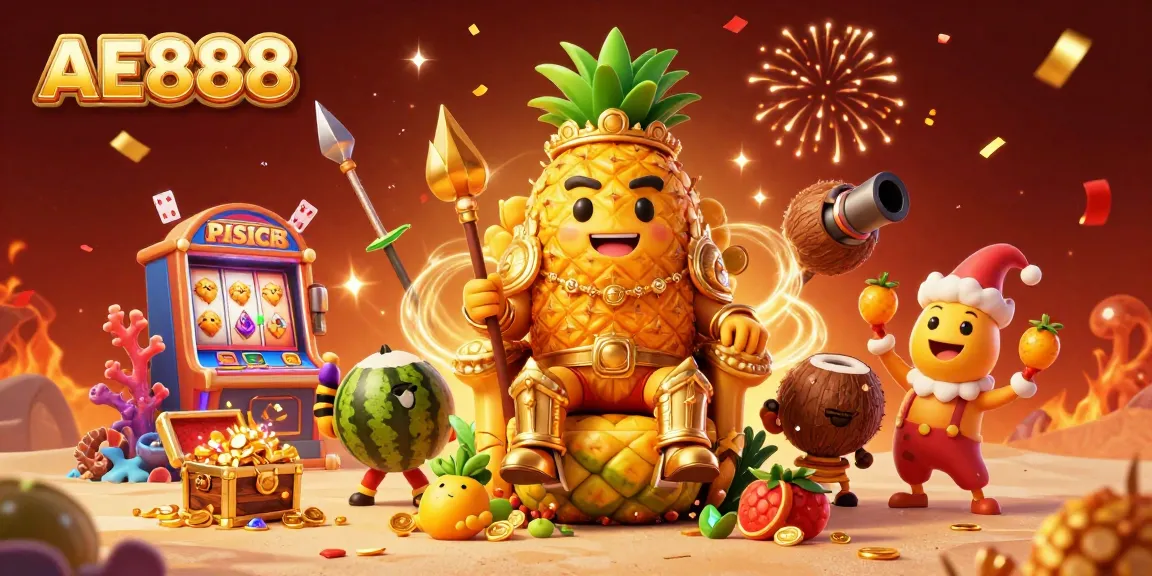 Experience the excitement of AE888 with a lively scene of a golden pineapple king ruling a vibrant beach casino surrounded by unique characters.
