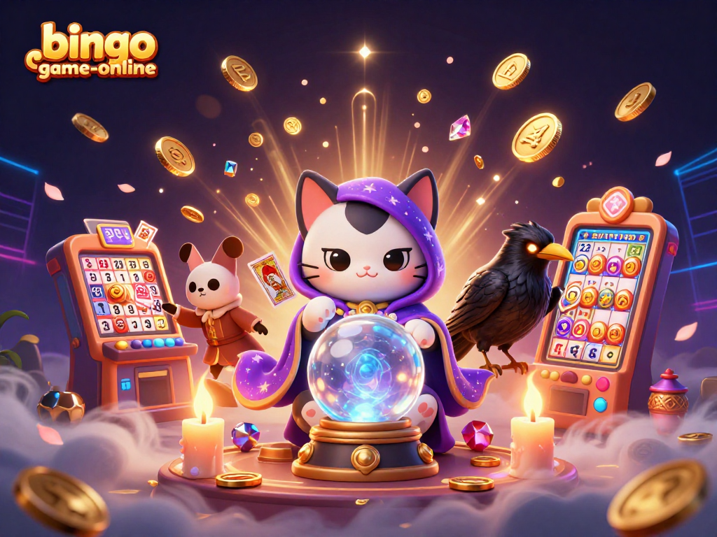 Experience the excitement of bingo-game-online while hunting for jackpots amidst glowing mystic characters and a vibrant casino scene.