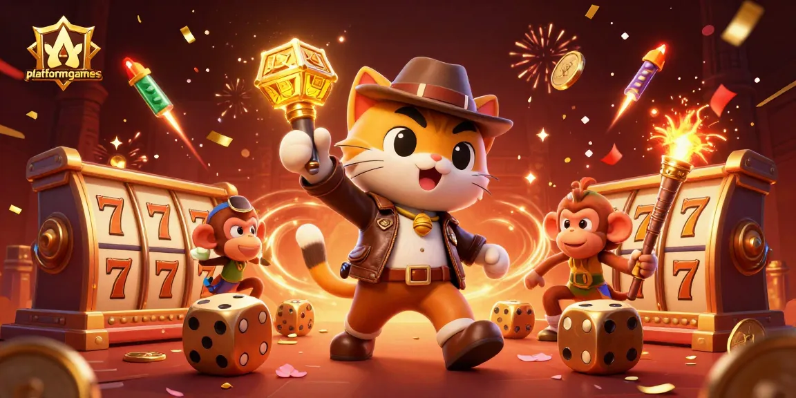 Experience thrilling gameplay at platformgames with a vibrant casino scene featuring an explorer cat and monkey amid dynamic golden artifacts.