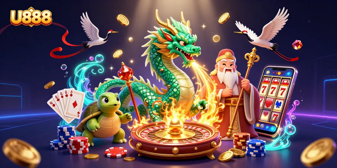 Catch the thrill at U888 with a captivating 3D dragon and lucky cranes in a vibrant casino scene.