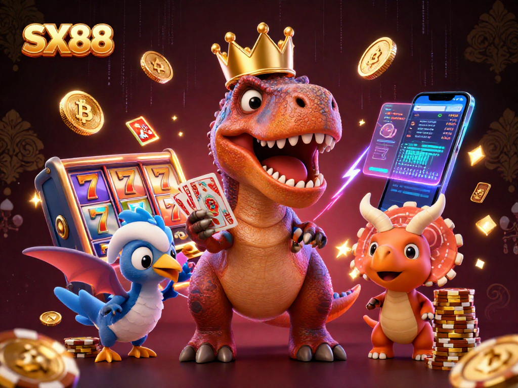 SX88 features a friendly T-Rex playing cards alongside a pterodactyl and triceratops with casino elements.