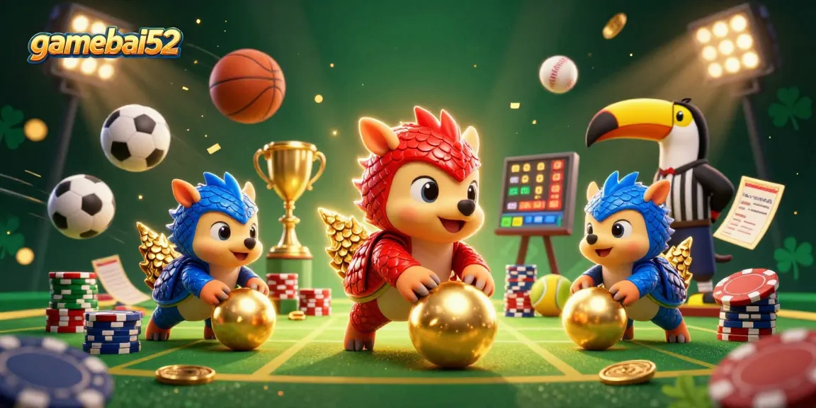Compete in gamebai52 with rival pangolins rolling golden balls and poker chips in a dynamic casino scene.