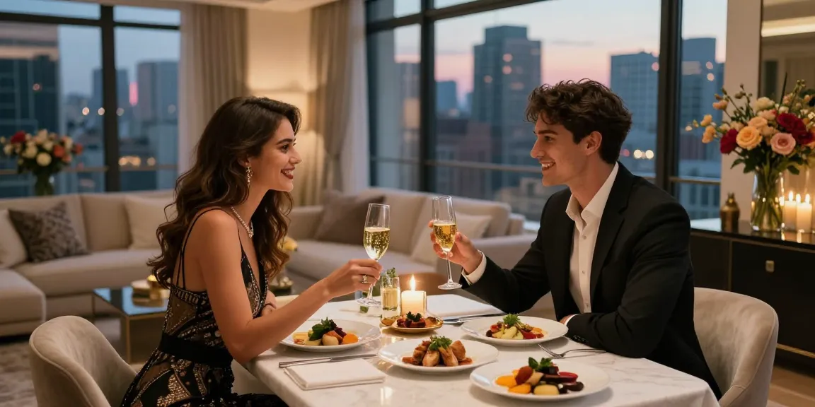 Perayaan mewah dengan luxury111 di apartemen elegan, pasangan mengenakan pakaian formal, hidangan gourmet dan suasana hangat.