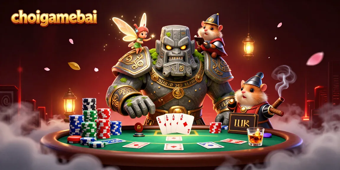 Play poker with choigamebai characters in an exciting 3D illustration featuring a unique golem guardian.