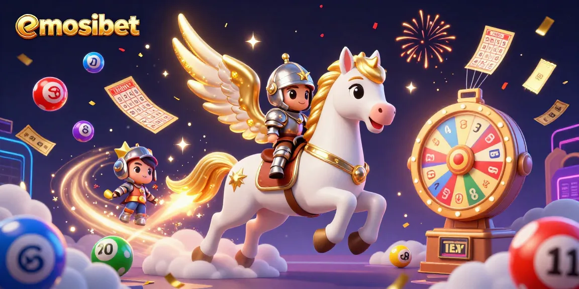 Engage in thrilling gaming at emosibet with a magical 3D illustration showcasing a celestial horse and lottery excitement.