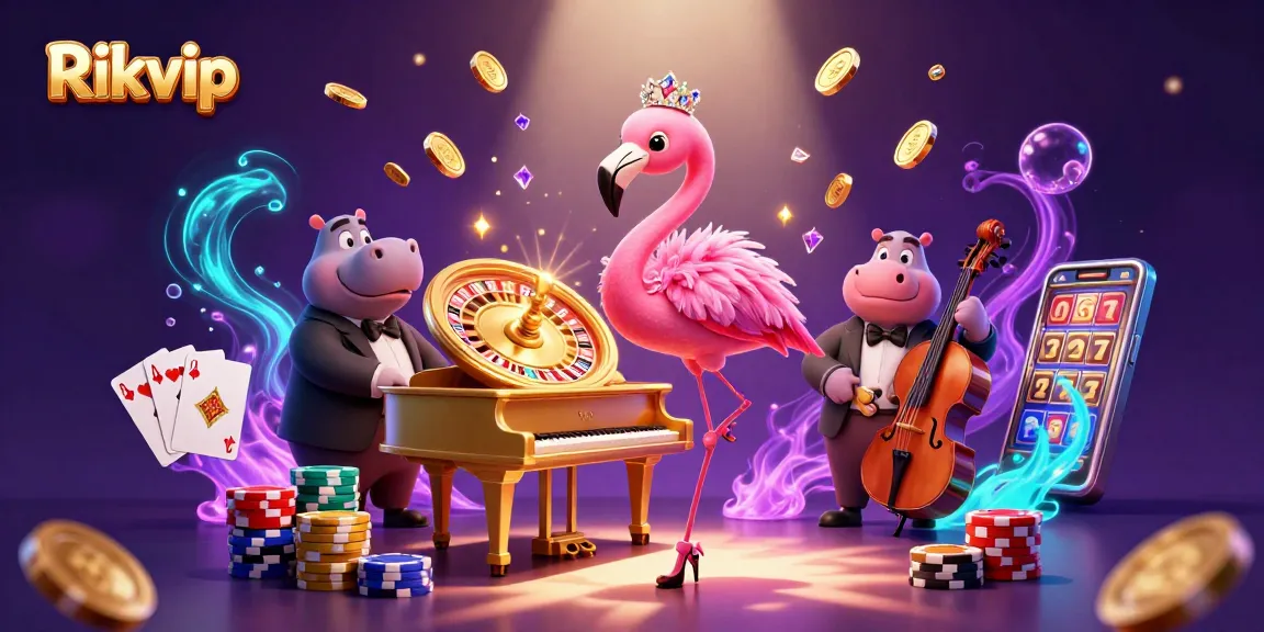Rikvip players enjoy thrilling games with lively flamingo singer and hippo bassist in a vibrant casino.