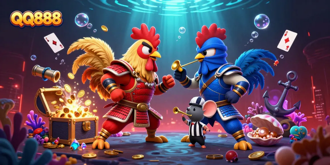 Experience the thrill of QQ888 as roosters face off in an epic showdown with casino elements