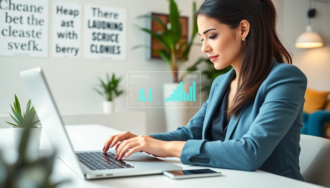 Achieve Your Goals With AI illustrated by a businesswoman using AI tools for effective goal setting.