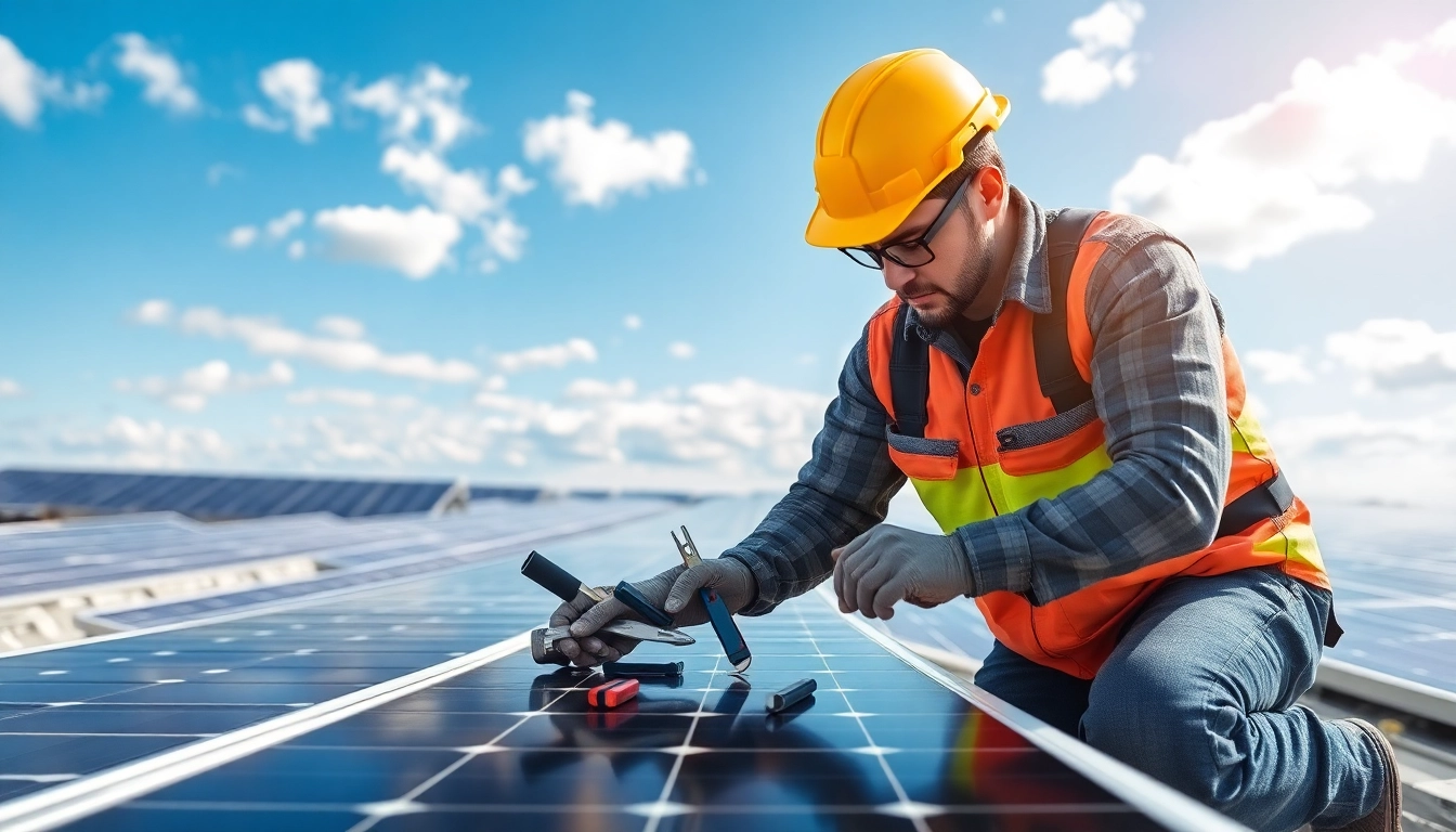 Technician conducting solar panel repair on a rooftop, highlighting professional service.