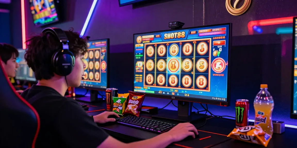 Gameplay menarik slot88 dengan pemain bersemangat di ruang gaming bertema neon.
