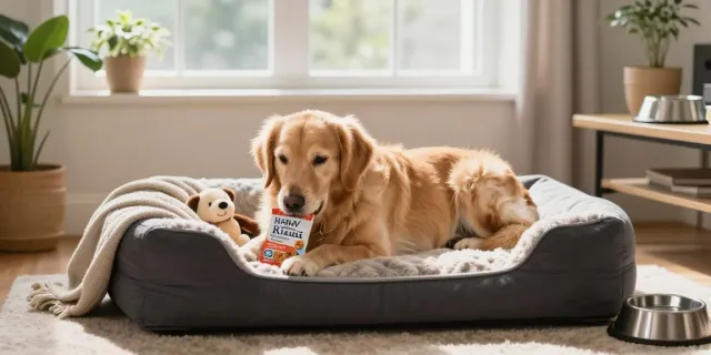 Calming Dog Treats being enjoyed by a relaxed dog in a cozy home setting.