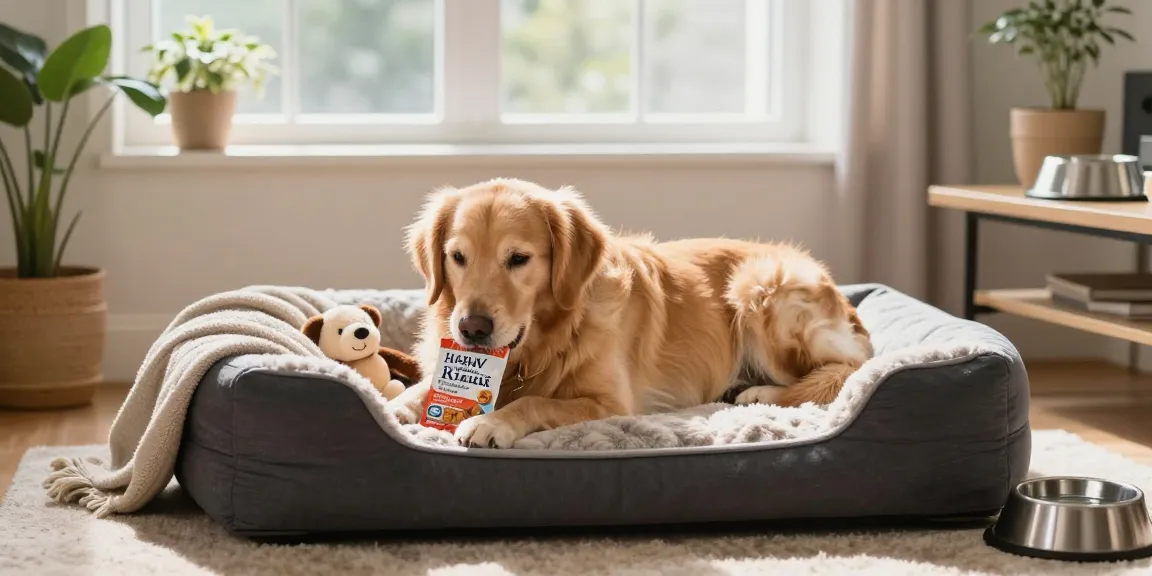 Calming Dog Treats being enjoyed by a relaxed dog in a cozy home setting.