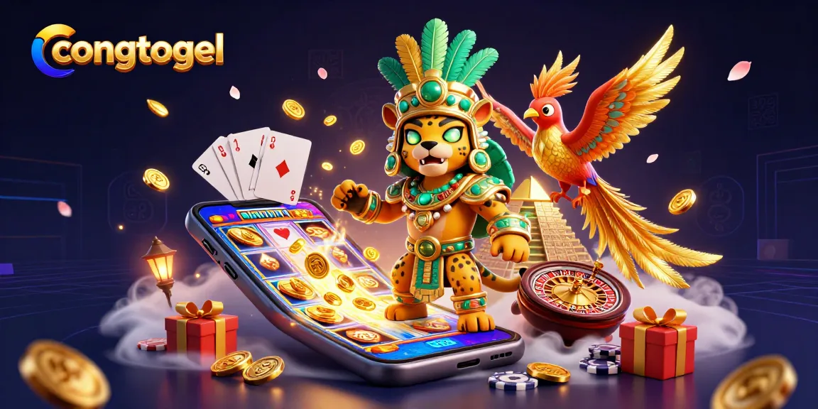 Engage in thrilling gameplay with congtogel at a lively casino scene featuring Mayan jaguar and colorful slot games.