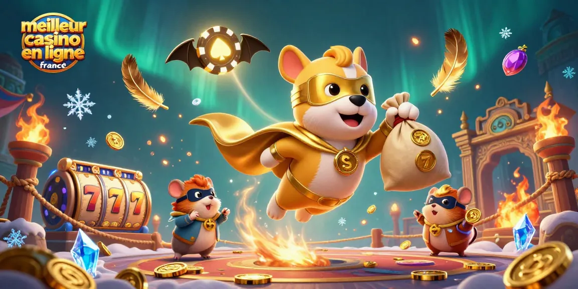 Illustration promouvoir le meilleur casino en ligne France avec un chien super-héros et un hamster en costume.