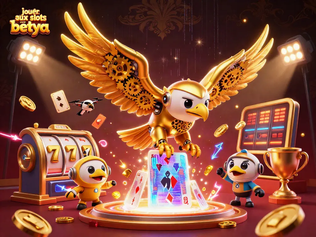 Spin to win with jouer aux slots avec betya, featuring vibrant casino elements and energetic characters.
