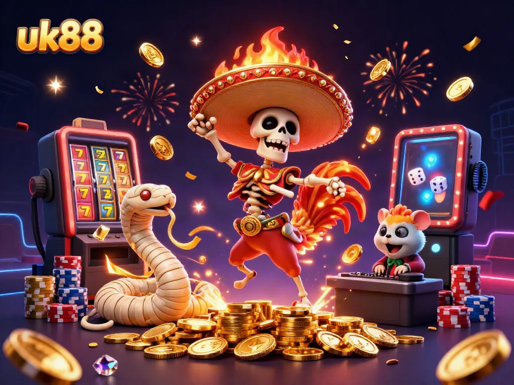 Celebrate big wins at uk88 with a vibrant 3D illustration featuring joyous characters amidst golden coins and casino elements.