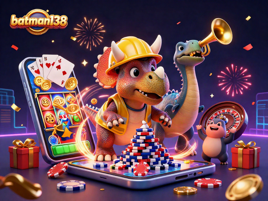 Engage in thrilling gaming adventures with batman138, as cartoon dinosaurs celebrate winnings in a vibrant casino scene.