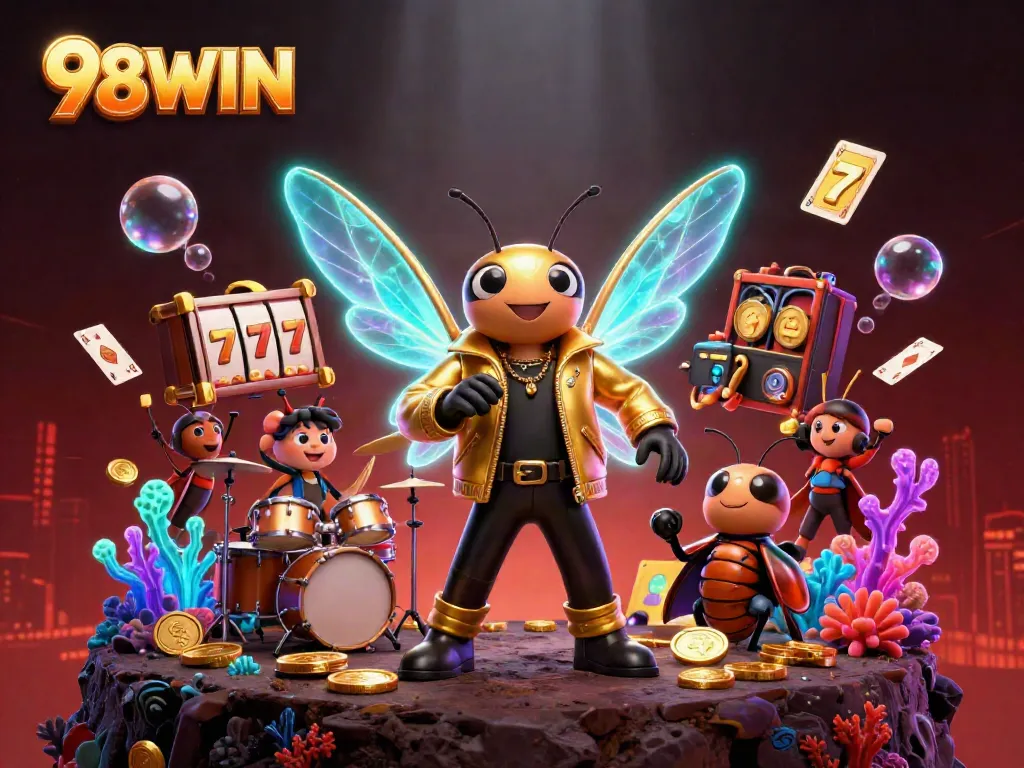 Engage in thrilling action at 98WIN, featuring a vibrant casino scene with a cartoon cicada rock star.