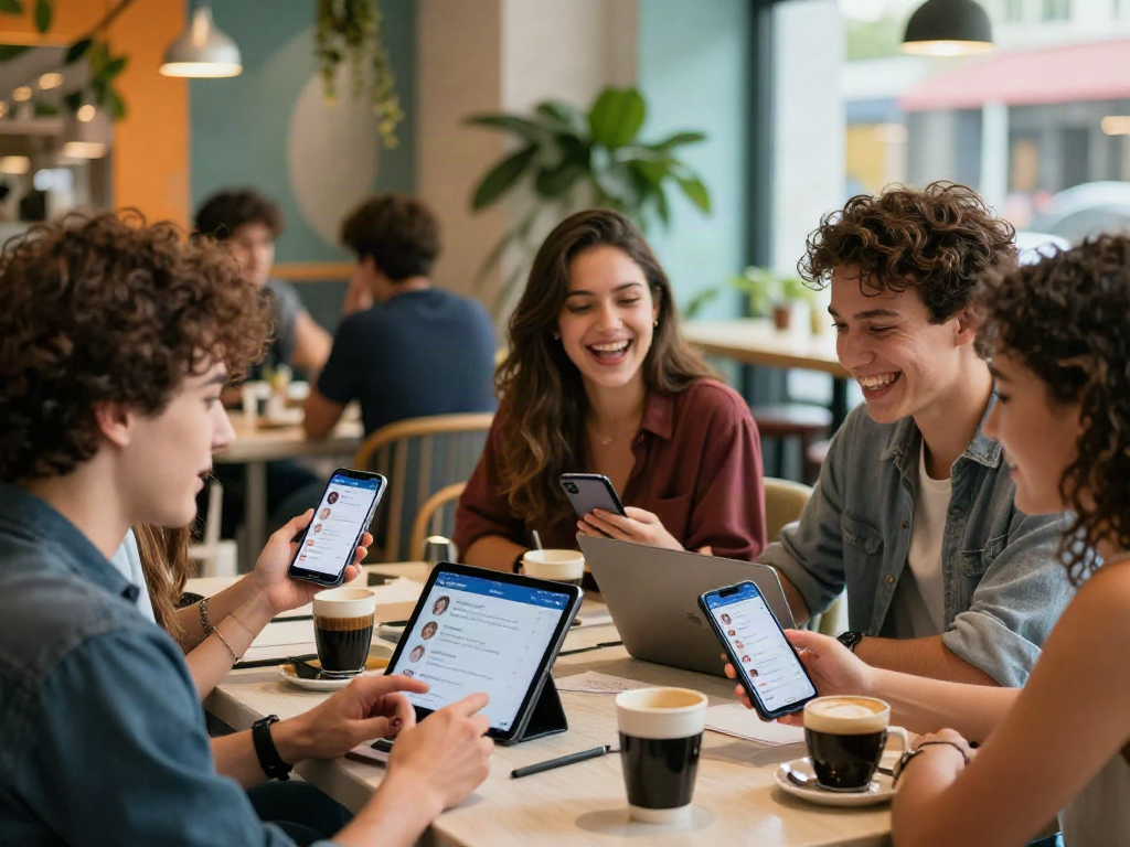 Group testing attractiveness scores in a modern café setting, showcasing youthful engagement.