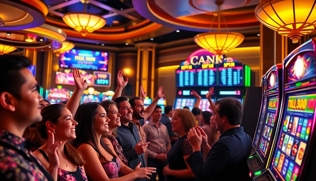Players enjoying slot gambling in an exciting casino atmosphere, surrounded by vibrant slot machines.