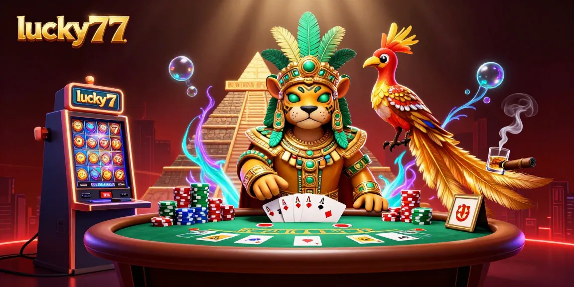 Engage with lucky77 in a vibrant 3D illustration showcasing an energetic casino atmosphere.