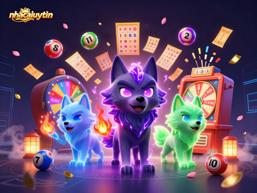Engage with nhacaiuytin's vibrant casino scene, showcasing a powerful wolf leader and dynamic gaming elements for thrilling bets.