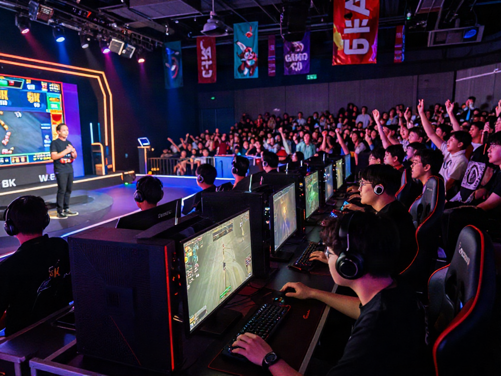 Players immersed in exciting slot 5k gameplay in a packed esports arena.