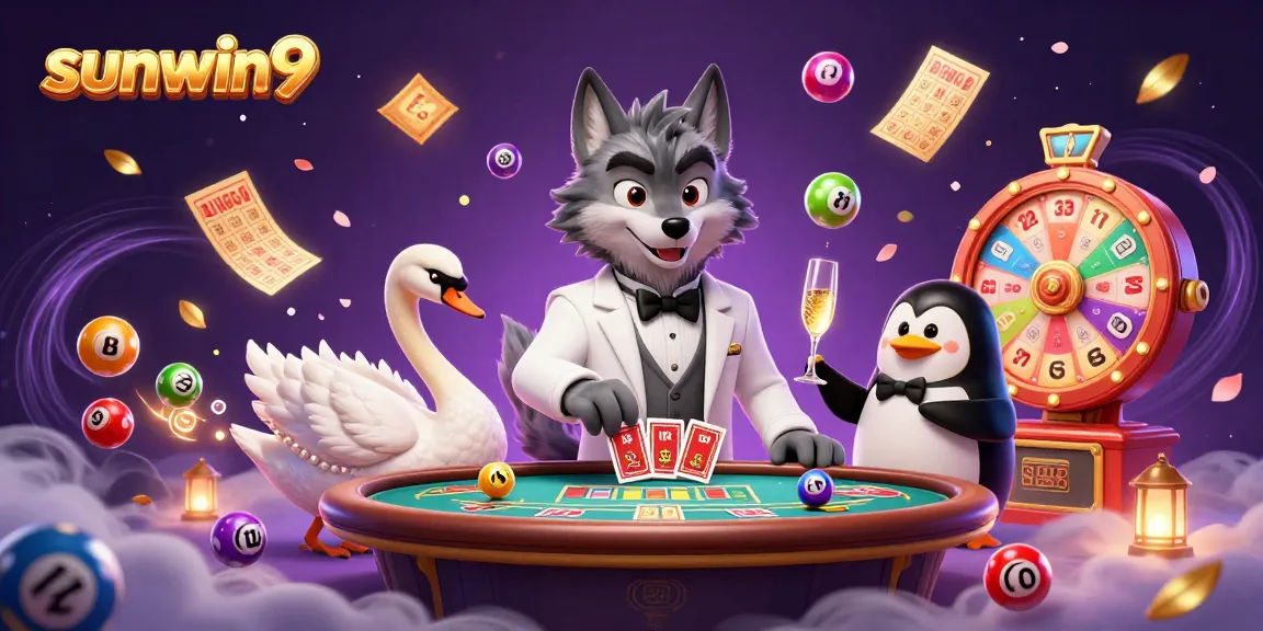 Experience sunwin9 with a vibrant scene showcasing luxurious elements of baccarat and lottery