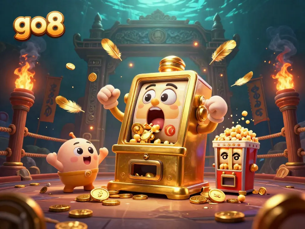 Experience the excitement of go8 with a dynamic 3D illustration of a golden slot machine celebrating a jackpot.
