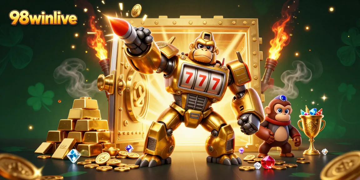 Win big with 98winlive in an explosive casino adventure featuring vibrant gold and jewels.
