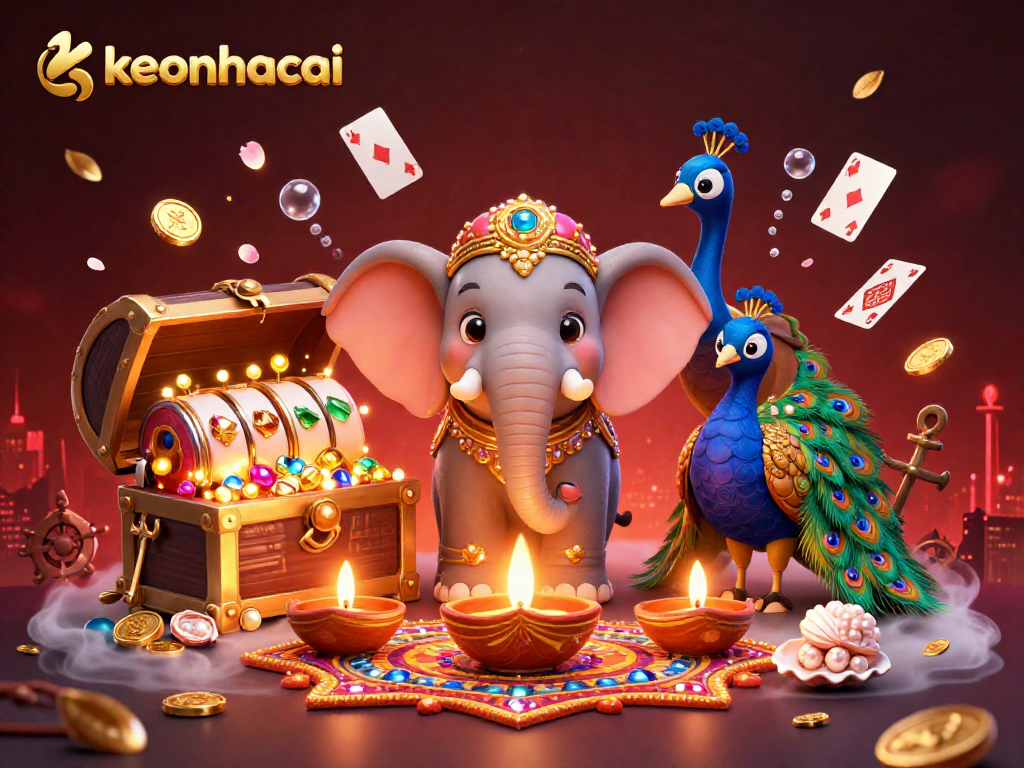 Engage with keonhacai in this vibrant casino illustration featuring a festive elephant and slot reels.