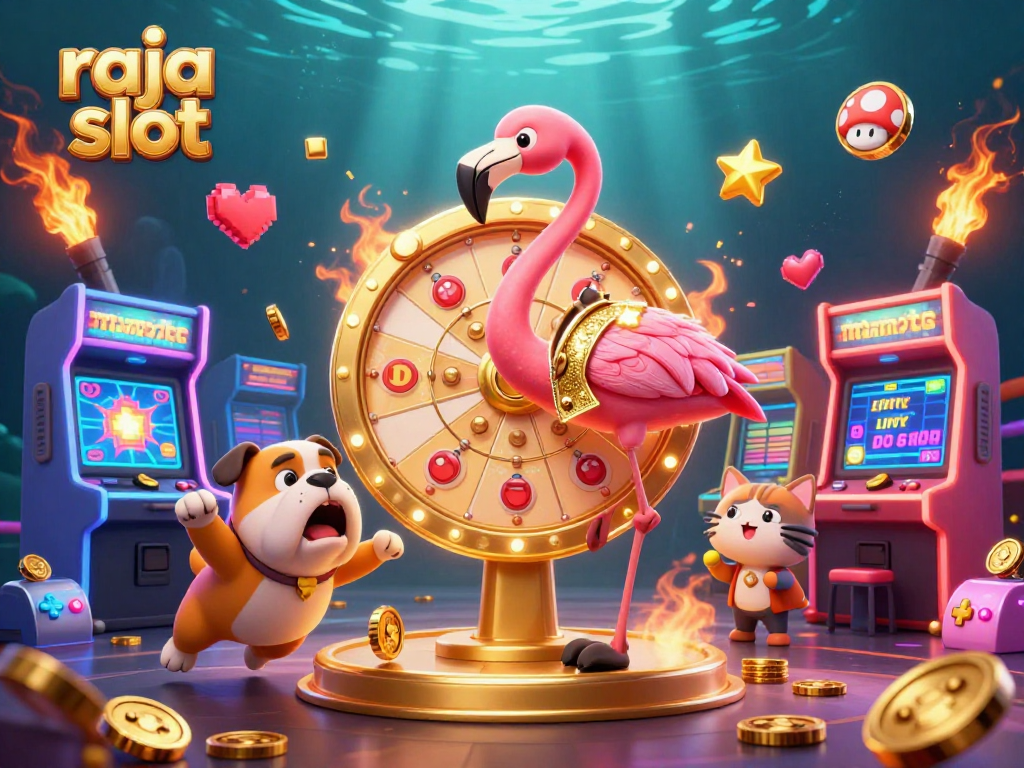 Engage with raja slot designs featuring a dynamic game show scene with cartoon characters and vibrant gaming elements.