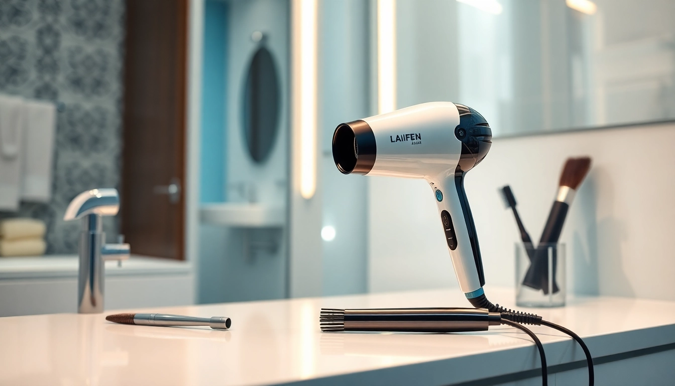 Showcase the Laifen blow dryer on a stylish vanity against a serene bathroom backdrop.