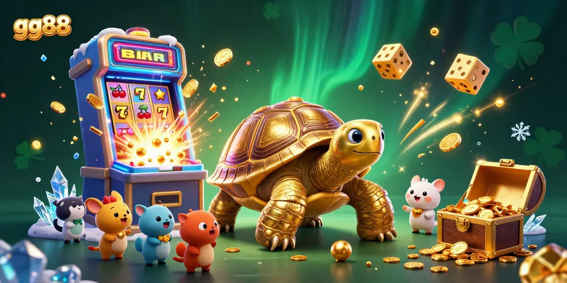 Experience excitement with gg88 as small animals enjoy a jackpot casino scene featuring vibrant slot machines and treasures.