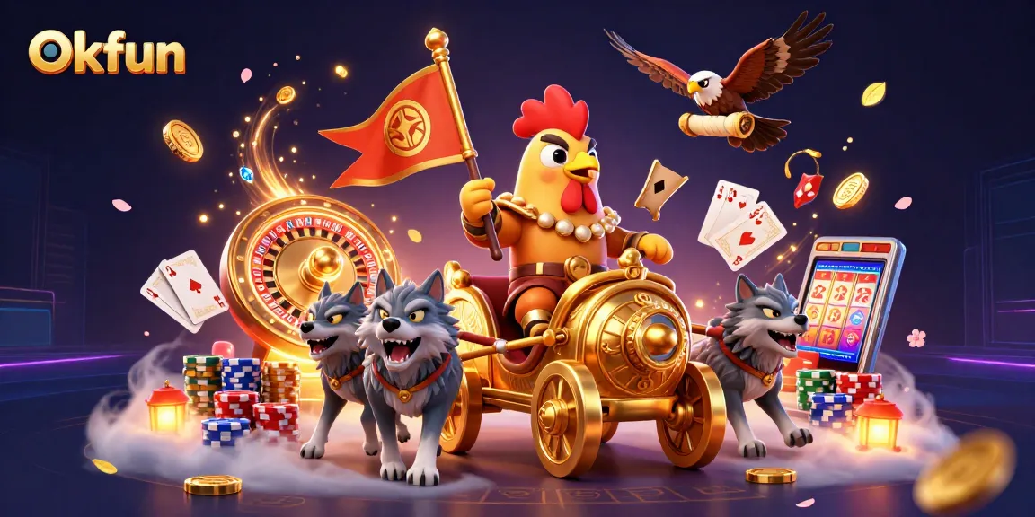 Engage with Okfun: A vibrant scene of a cartoon rooster warlord leading a golden chariot amidst cascading casino elements.