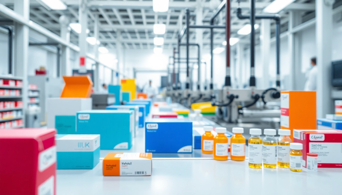 Showcasing pharmaceutical packaging services with modern equipment and organized production lines.