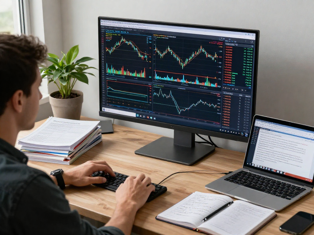使用 MetaTrader 5 进行金融分析的交易者，在明亮的办公空间中分析市场趋势与交易数据