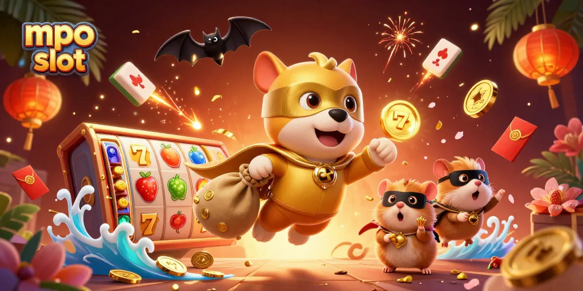Spin the reels with mpo slot as a superhero dog and sidekick bring winning treasures to life in a vibrant casino scene.