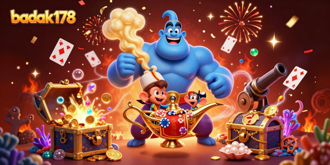 Experience thrilling gameplay with badak178, featuring a jubilant genie, treasures, and casino elements.
