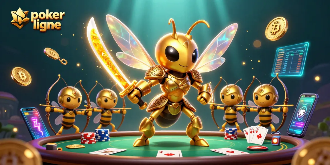 Jouez au poker en ligne avec des jetons et des mains gagnantes sur un fond coloré.