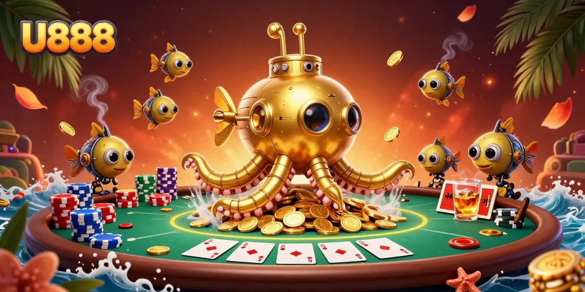 U888 features a golden kraken submarine amidst poker games, symbolizing vibrant casino excitement.