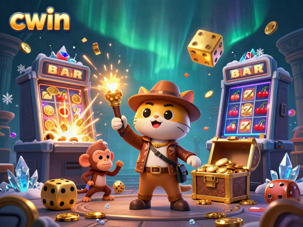 Engage with CWIN's vibrant world of gaming, featuring a cartoon explorer and casino artifacts.